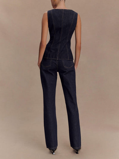 MAYA - Einzigartige Jeansweste mit Knopfleiste + gerade geschnittene Jeans