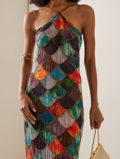 VALICIA - Robe dos nu taille empire avec imprimé peint à la main