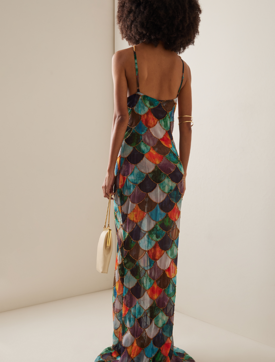 VALICIA - Robe dos nu taille empire avec imprimé peint à la main