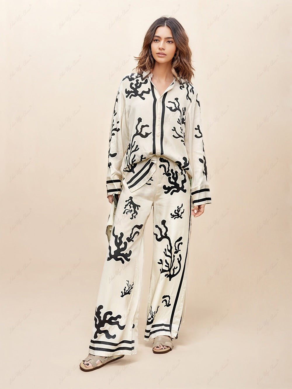 JAMILA - Satin-Bluse mit einzigartigem Print und Knopfleiste, oversized, Set mit Hose