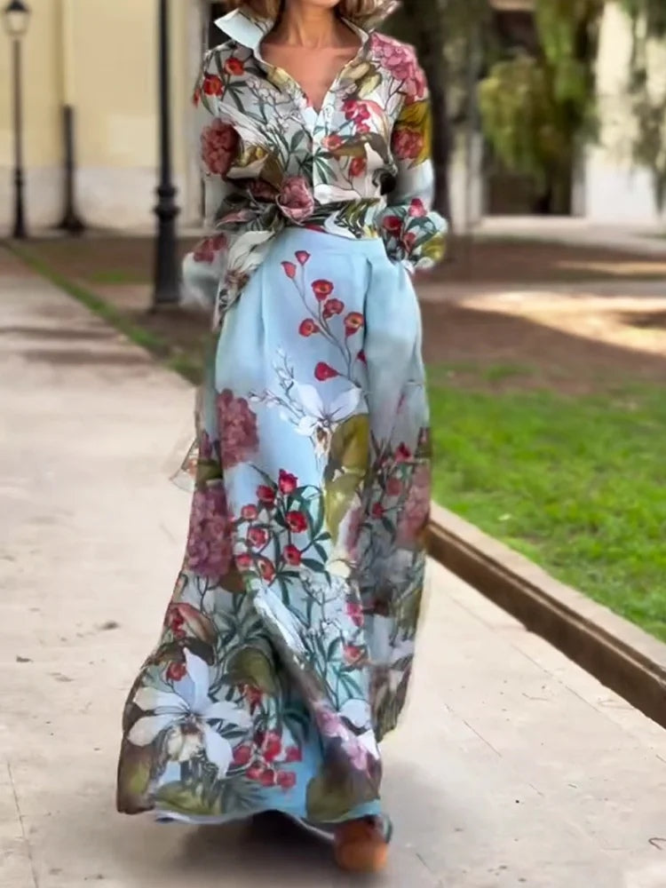 FLORA - Ensemble élégant deux pièces avec chemisier et jupe à motif floral
