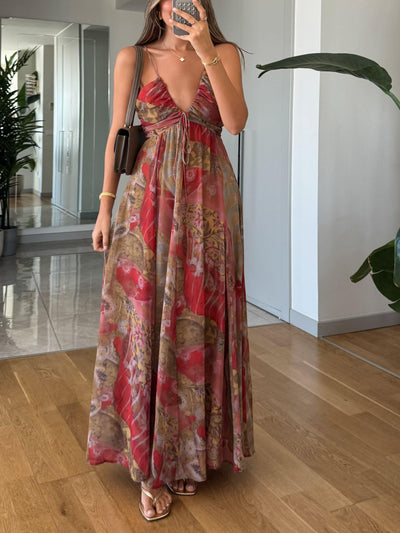 VELICA - Robe longue bustier en mousseline imprimée avec un décolleté en V profond