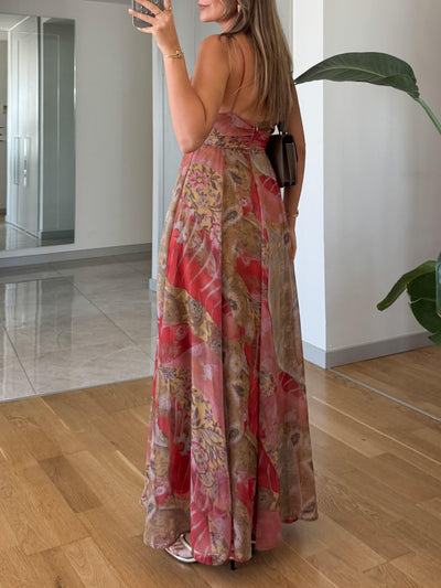 VELICA - Robe longue bustier en mousseline imprimée avec un décolleté en V profond