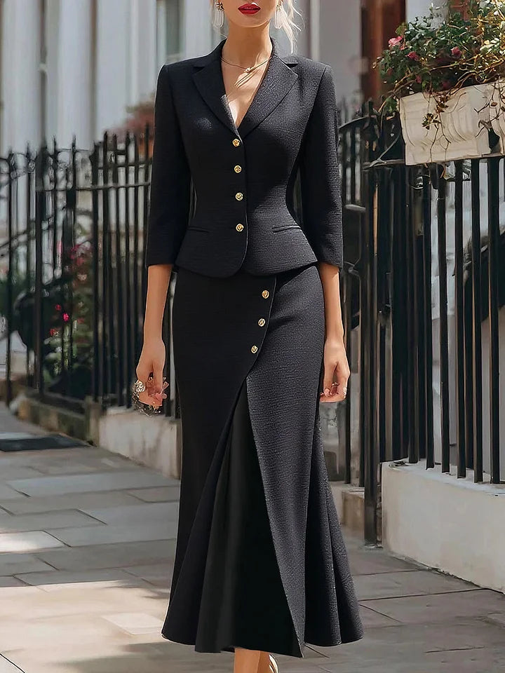VINAYA - Elegantes Set aus Blazer mit Knopfleiste und Midirock