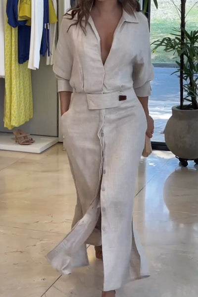 Jeanette - Robe longue en lin à col en V