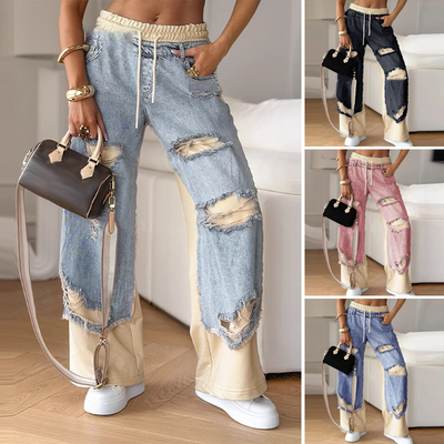 SELVA - Patchwork Denim Elastische Bundweite Beine Hose