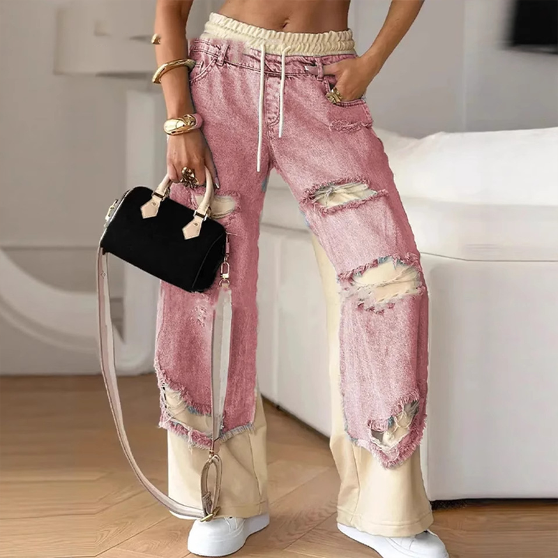 SELVA - Patchwork Denim Elastische Bundweite Beine Hose